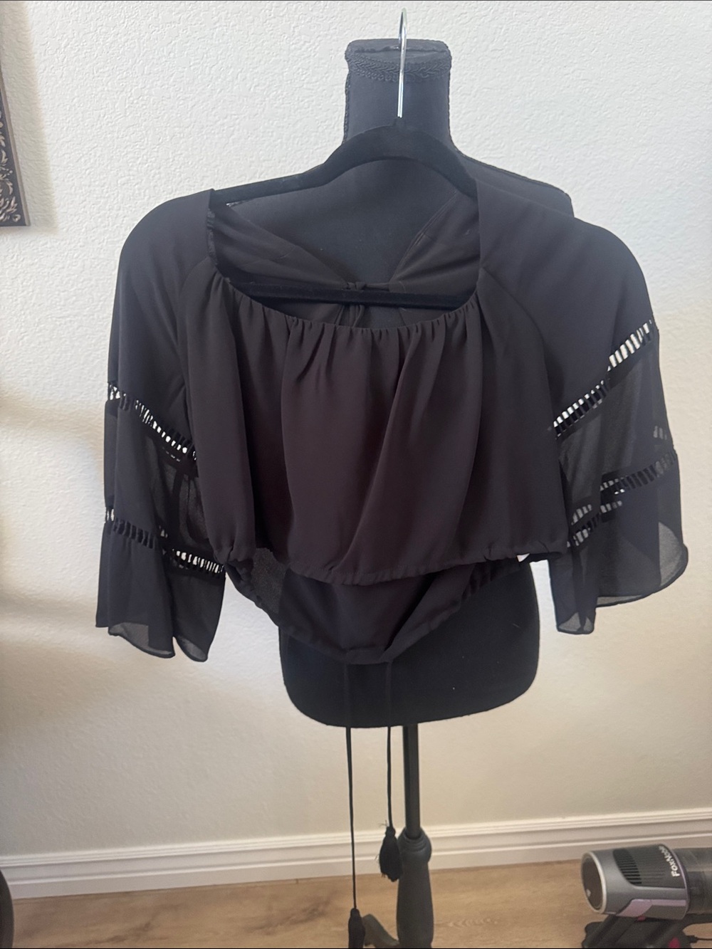 Black Sheer Flutter Sleeve Overlay Blouse - Brand Not Visible